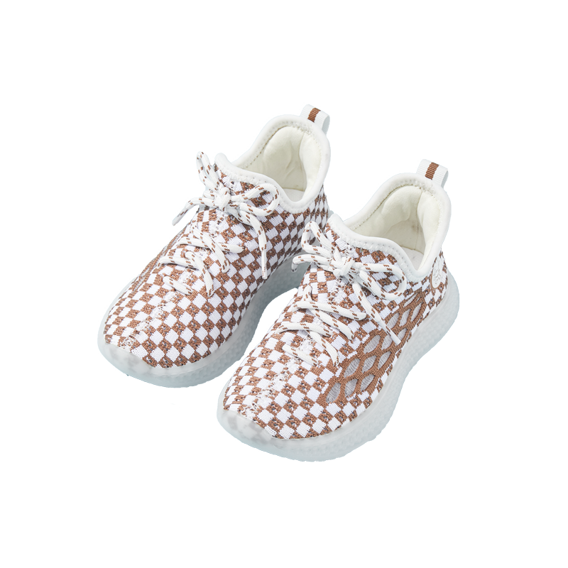 Baby Front Pastel Checkerboard Kids Knit Sneakers - Breathable Lightweight Toddler Shoes (White/Peach) - 11 view