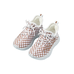 Baby Front Pastel Checkerboard Kids Knit Sneakers - Breathable Lightweight Toddler Shoes (White/Peach) - 11 view