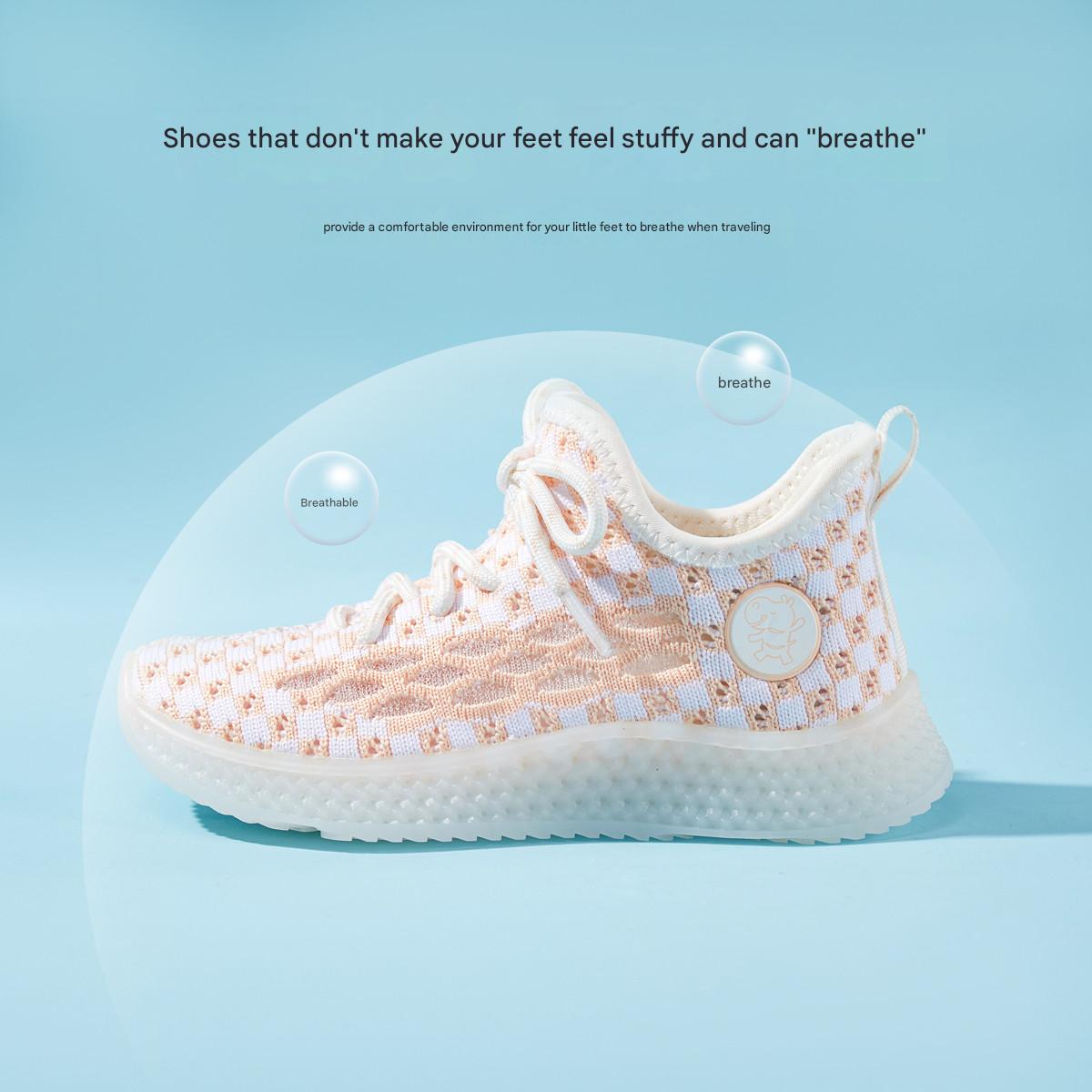 Baby Front Pastel Checkerboard Kids Knit Sneakers - Breathable Lightweight Toddler Shoes (White/Peach) - 5 view