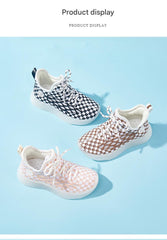 Baby Front Pastel Checkerboard Kids Knit Sneakers - Breathable Lightweight Toddler Shoes (White/Peach) - 12 view