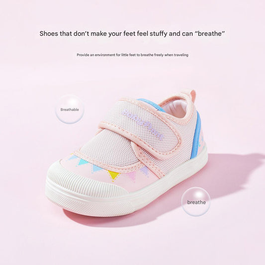 BabyFront BreezeLite 網眼幼童運動鞋-輕量粉色學步鞋,附彩色幾何圖案