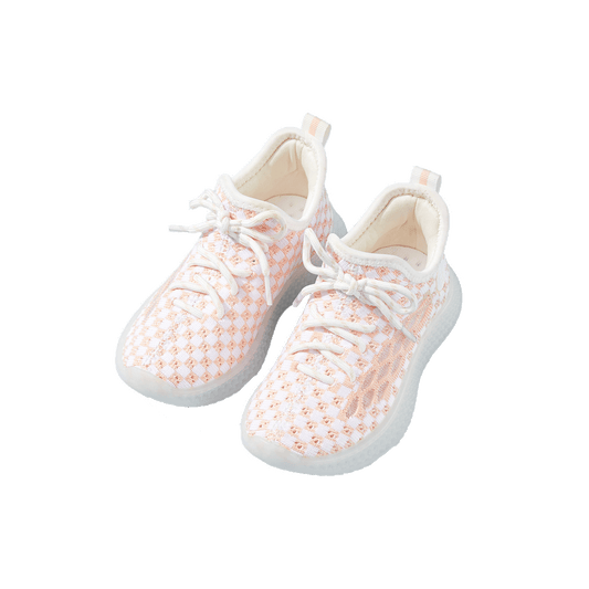 Toddler wearing Baby Front Pastel Checkerboard Kids Knit Sneakers - Breathable Lightweight Toddler Shoes (White/Peach)
