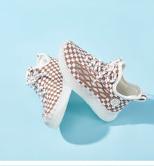 Baby Front Pastel Checkerboard Kids Knit Sneakers - Breathable Lightweight Toddler Shoes (White/Peach) - 14 view