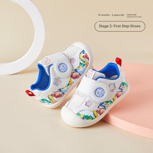 BabyFront 幼兒學步鞋 - 白色網布配彩色卡通動物圖案