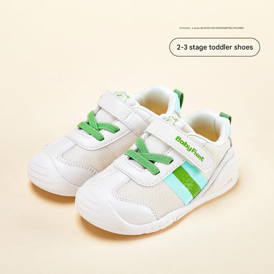 BabyFront 幼童女鞋運動鞋 - 白色網布鞋搭配桃紅色點綴和蝴蝶結鞋帶