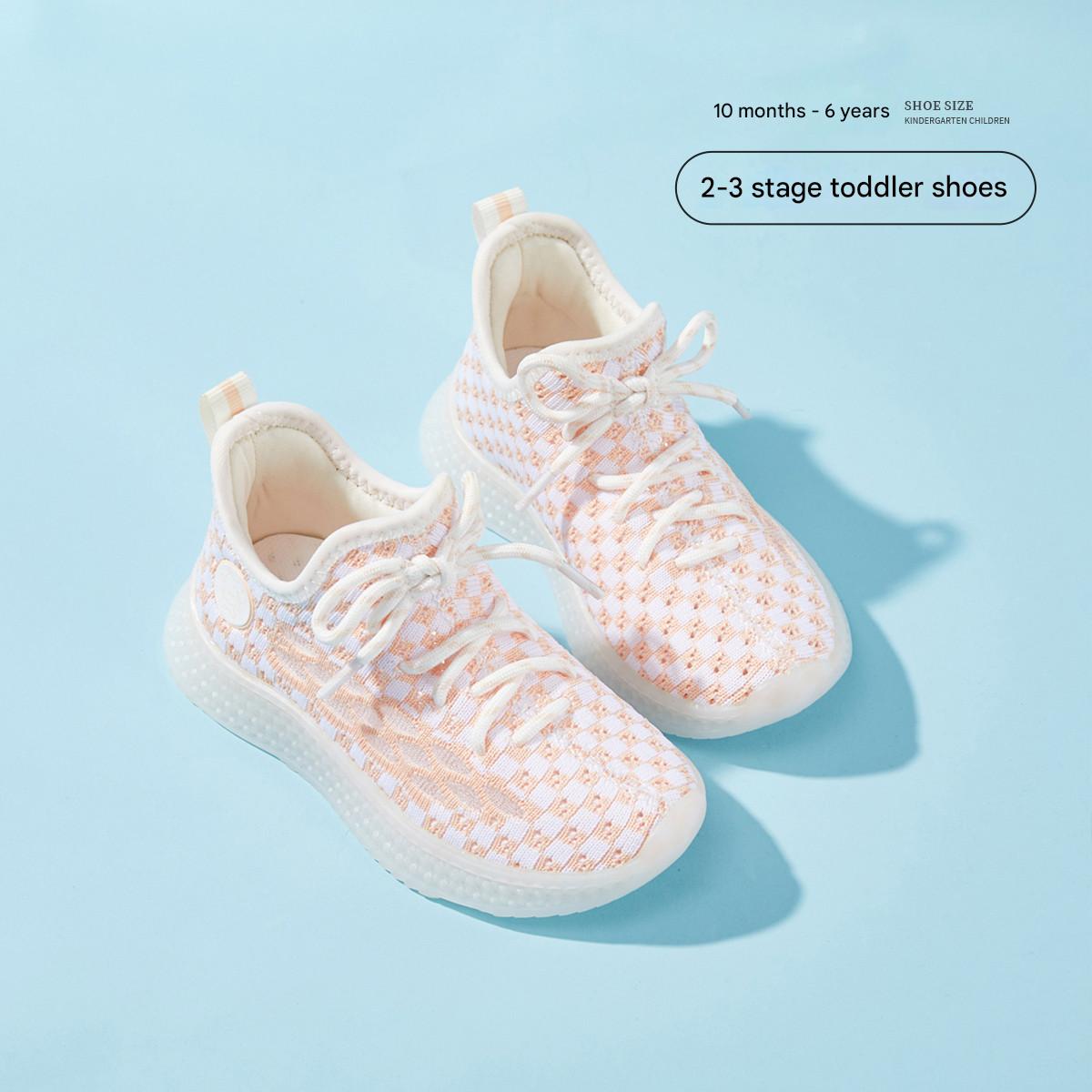Baby Front Pastel Checkerboard Kids Knit Sneakers - Breathable Lightweight Toddler Shoes (White/Peach) - 3 view