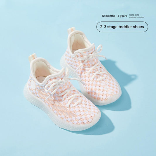 Baby Front Pastel Checkerboard Kids Knit Sneakers - Breathable Lightweight Toddler Shoes (White/Peach) - 3 view