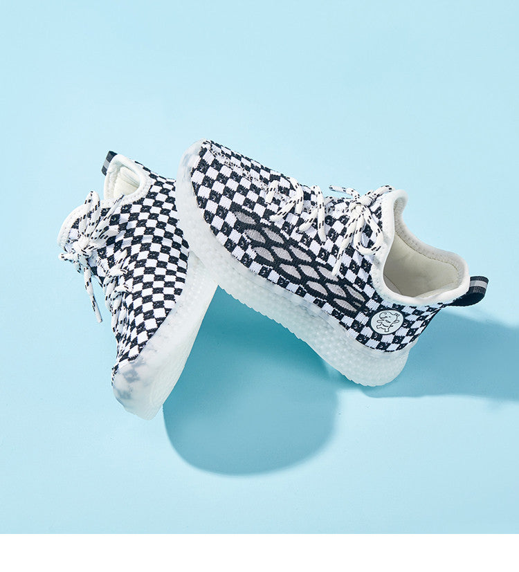 Baby Front Pastel Checkerboard Kids Knit Sneakers - Breathable Lightweight Toddler Shoes (White/Peach) - 15 view
