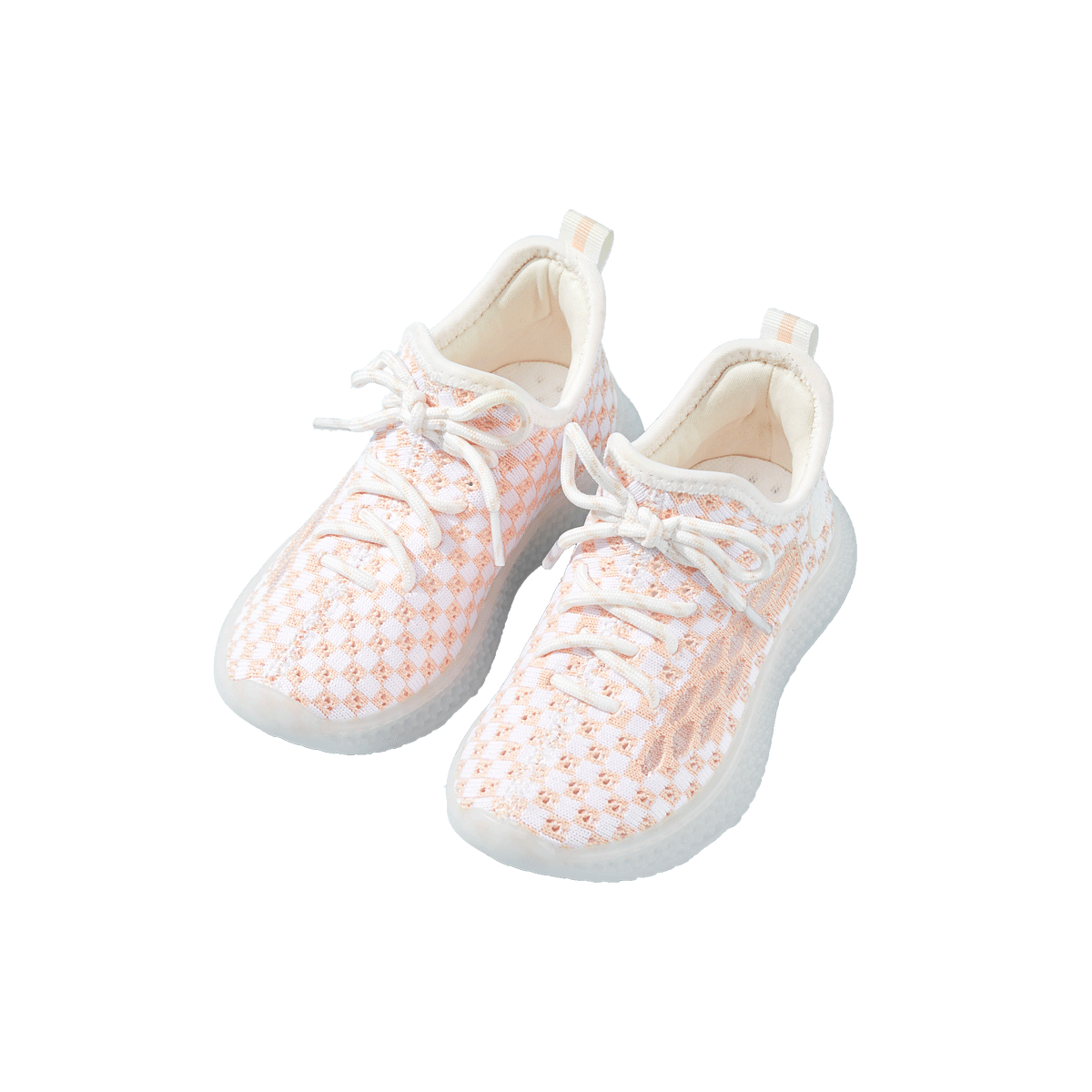 Baby Front Pastel Checkerboard Kids Knit Sneakers - Breathable Lightweight Toddler Shoes (White/Peach) - 1 view