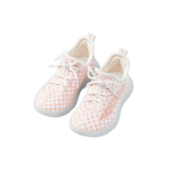 Baby Front Pastel Checkerboard Kids Knit Sneakers - Breathable Lightweight Toddler Shoes (White/Peach) - 1 view