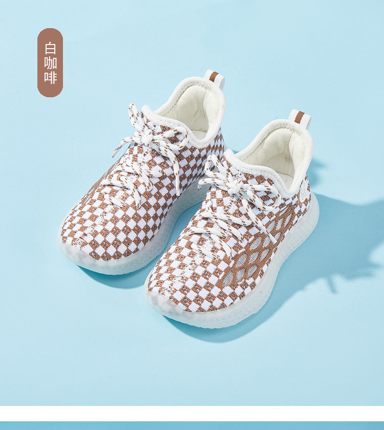 Baby Front Pastel Checkerboard Kids Knit Sneakers - Breathable Lightweight Toddler Shoes (White/Peach) - 10 view
