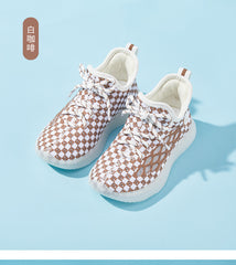 Baby Front Pastel Checkerboard Kids Knit Sneakers - Breathable Lightweight Toddler Shoes (White/Peach) - 10 view