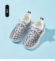 Baby Front Pastel Checkerboard Kids Knit Sneakers - Breathable Lightweight Toddler Shoes (White/Peach) - 17 view