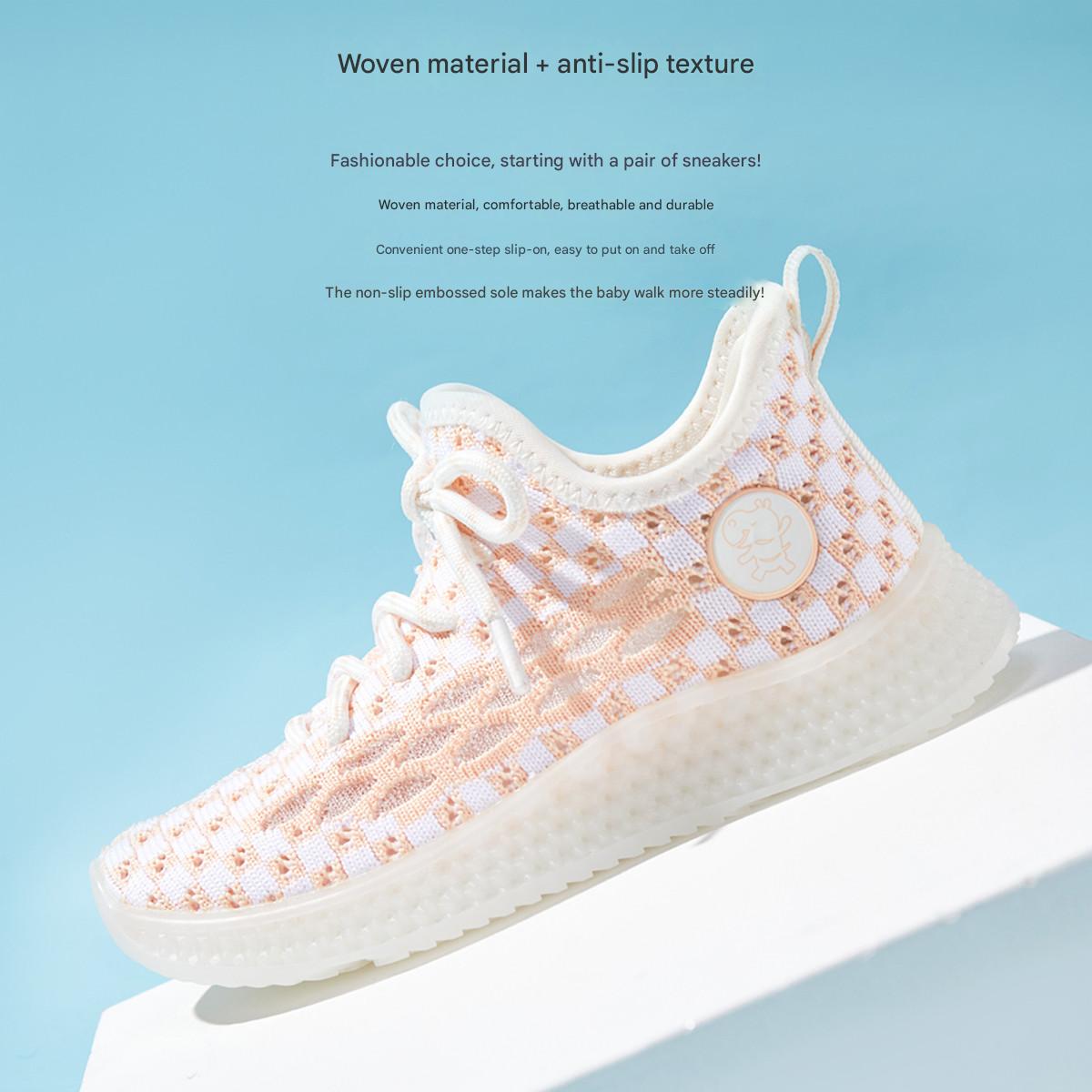Baby Front Pastel Checkerboard Kids Knit Sneakers - Breathable Lightweight Toddler Shoes (White/Peach) - 2 view