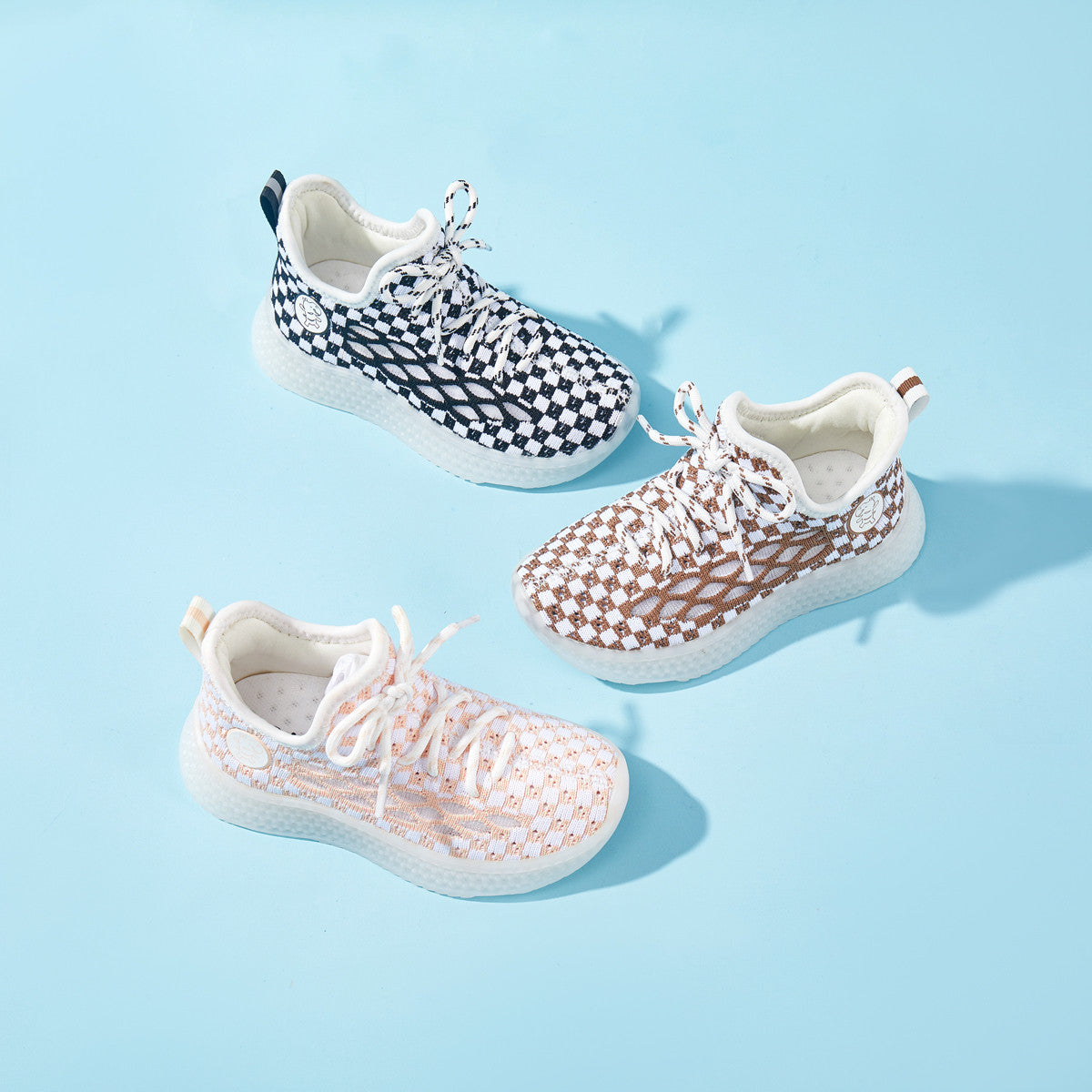 Baby Front Pastel Checkerboard Kids Knit Sneakers - Breathable Lightweight Toddler Shoes (White/Peach) - 16 view