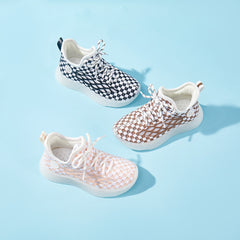 Baby Front Pastel Checkerboard Kids Knit Sneakers - Breathable Lightweight Toddler Shoes (White/Peach) - 16 view